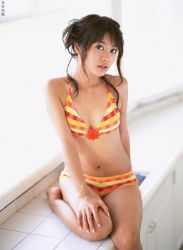 Rule 34 | 1girl, asian, bikini, blurry, breasts, brown hair, counter, depth of field, hasebe yu, indoors, kitchen, looking at viewer, photo (medium), sitting, small breasts, solo, swimsuit