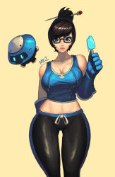 Rule 34 | 1girl, alternate eye color, artist request, bare shoulders, beads, black-framed eyewear, black pants, blue gloves, breasts, brown hair, character name, cleavage, collarbone, cowboy shot, crop top, drone, floating, food, glasses, gloves, hair bun, hair ornament, hair stick, holding, large breasts, looking at viewer, mei (overwatch), midriff, navel, overwatch, overwatch 1, pants, popsicle, robot, short hair, sidelocks, simple background, single hair bun, snowball (overwatch), solo, swept bangs, tank top, yellow background