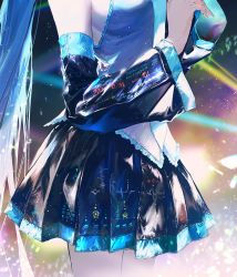 Rule 34 | aqua hair, aqua necktie, bare shoulders, black skirt, black sleeves, blurry, blurry background, breasts, clothes writing, commentary, concert, cowboy shot, detached sleeves, grey shirt, hatsune miku, highres, karanagare, light particles, long hair, miniskirt, necktie, pleated skirt, shiny clothes, shirt, sideboob, skirt, sleeveless, sleeveless shirt, standing, symbol-only commentary, torso, very long hair, vocaloid