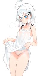 Rule 34 | 1girl, ahoge, bare arms, bare shoulders, blue eyes, blush, breasts, clothes lift, collarbone, commentary request, cowboy shot, dress, dress lift, hair ornament, hairclip, highres, lifting own clothes, original, otokuyou, panties, parted lips, ringo-chan (otokuyou), short hair, sigh, simple background, small breasts, solo, sweat, underwear, white background, white dress, white hair, white panties