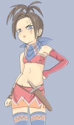 Rule 34 | 1girl, black hair, blue eyes, detached sleeves, dragon quest, dragon quest: shounen yangus to fushigi no dungeon, dragon quest viii, earrings, highres, jewelry, knife, looking at viewer, navel, open mouth, red (dq8), scarf, simple background, skirt, thighhighs, white background
