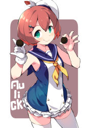 Rule 34 | 1girl, aulick (azur lane), azur lane, dress, food, frilled dress, frills, gloves, green eyes, hair ornament, hairclip, hat, hat feather, holding, holding food, looking at viewer, multicolored clothes, multicolored dress, oreo, red hair, sailor collar, sailor dress, sailor hat, simple background, smile, solo, thighhighs, thighs, white thighhighs, youhei 64d