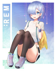 Rule 34 | 10s, 1girl, absurdres, ass, backpack, bad id, bad pixiv id, bag, black shirt, blue eyes, blue hair, blush, breasts, brown thighhighs, character name, cloud, commentary request, crescent, facial hair, falling star, full body, hair over one eye, hand up, heart, highres, holding, medium breasts, open mouth, purple footwear, re:zero kara hajimeru isekai seikatsu, rem (re:zero), shirt, shoes, short hair, short shorts, short sleeves, shorts, sitting, sky, sneakers, solo, star (sky), star (symbol), starry sky, sweat, sweatband, teshu, thighhighs, white shirt, wristband