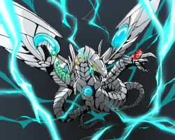 Rule 34 | android, artist request, cyber end dragon, dragon, duel monster, electricity, fangs, full body, glowing, glowing eyes, looking to the side, mecha, robot, sharp teeth, simple background, solo, tail, teeth, wings, yu-gi-oh!