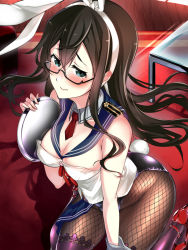 Rule 34 | 1girl, adapted costume, animal ears, black hair, black leotard, blush, breasts, cleavage, collarbone, detached collar, embarrassed, fake animal ears, fake tail, fishnets, from above, glasses, headband, high heels, indoors, kantai collection, kneeling, leotard, long hair, looking at viewer, medium breasts, nose blush, ooyodo (kancolle), pantyhose, playboy bunny, rabbit ears, rabbit tail, red footwear, sailor collar, solo, tail, thighhighs, white headband, white leotard, youmou usagi