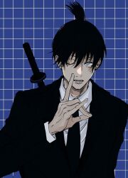 Rule 34 | 1boy, black hair, black jacket, black necktie, blue background, blue eyes, chainsaw man, collared shirt, earrings, formal, fox shadow puppet, grid background, hayakawa aki, highres, jacket, jewelry, looking at viewer, male focus, namida a2, necktie, one eye closed, open mouth, shirt, short hair, simple background, solo, stud earrings, suit, suit jacket, topknot, weapon, weapon on back, white shirt
