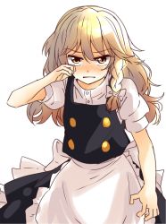 Rule 34 | 1girl, apron, bad id, bad twitter id, blonde hair, blush, bow, braid, crying, crying with eyes open, female focus, full-face blush, hair bow, hair ornament, kirisame marisa, long hair, looking at viewer, no headwear, no headwear, parted lips, puffy sleeves, sanpa, shirt, short sleeves, side braid, simple background, single braid, skirt, skirt set, solo, tears, touhou, vest, waist apron, white background, yellow eyes