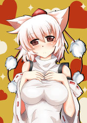 Rule 34 | 1girl, :&lt;, absurdres, animal ears, bare shoulders, blush, breasts, brown eyes, detached sleeves, fps, hand on own chest, hat, heart, highres, impossible clothes, inubashiri momiji, large breasts, looking at viewer, short hair, silver hair, solo, tokin hat, touhou, wolf ears