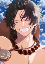 Rule 34 | 1boy, bead necklace, beads, black hair, closed eyes, cowboy hat, freckles, hat, hat on back, highres, jewelry, male focus, necklace, one piece, portgas d. ace, smile, solo, topless male