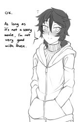 Rule 34 | 1girl, 3:, blush, commentary, english commentary, english text, freckles, greyscale, hair between eyes, hands in pockets, hood, hood down, hooded jacket, jacket, long sleeves, looking at viewer, low twintails, mari (twrlare), monochrome, original, ribbed sweater, short hair, short twintails, simple background, solo, sweater, turtleneck, turtleneck sweater, twintails, twrlare, upper body, white background