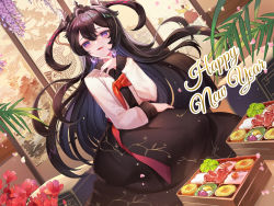 Rule 34 | 1girl, ahoge, bento, black hair, earrings, epic seven, flower, food, food art, hair ornament, hanbok, hanh chu, happy new year, highres, jewelry, korean clothes, long hair, nail polish, new year, open mouth, pantyhose, paper wall, petals, purple eyes, purple nails, red flower, solo, specter tenebria (dark tyrant) (epic seven), specter tenebria (epic seven), tako-san wiener, tenebria (epic seven), wisteria