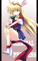 Rule 34 | 1990s (style), 1girl, akane souichi, akazukin chacha, bad id, bad pixiv id, belt, blonde hair, bracelet, brown eyes, chacha, chacha (akazukin chacha), choker, feathers, full body, hairband, jewelry, long hair, looking at viewer, magical girl, magical princess, pillarboxed, retro artstyle, scarf, shoes, simple background, sitting, skirt, smile, solo, wings