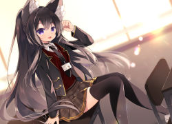 Rule 34 | 1girl, :d, animal ear fluff, animal ears, arm up, black hair, black jacket, black necktie, black thighhighs, blazer, brown skirt, chair, collared shirt, commentary request, commission, desk, feet out of frame, hair between eyes, highres, jacket, knees together feet apart, long hair, long sleeves, looking at viewer, necktie, on desk, open clothes, open jacket, open mouth, original, plaid, plaid skirt, pleated skirt, purinpurin, purple eyes, school chair, school desk, school uniform, shirt, sitting, on desk, skeb commission, skirt, smile, solo, sunlight, sunset, sweater vest, thighhighs, unmoving pattern, very long hair, white shirt, window