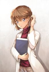 Rule 34 | 1girl, blue eyes, brown hair, brown pants, commentary, cowboy shot, english commentary, fingernails, folder, gradient background, hand up, highres, holding, holding folder, lab coat, long sleeves, looking at viewer, meitantei conan, miyano shiho, naro (naro 760), pants, paper, parted lips, red sweater, shadow, short hair, simple background, solo, standing, sweater, turtleneck, turtleneck sweater