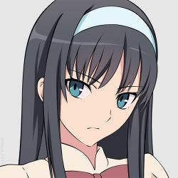 Rule 34 | 1girl, black hair, blue eyes, closed mouth, commentary, english commentary, hairband, long hair, looking at viewer, miura-n315, ribbon, simple background, solo, tohno akiha, tsukihime, white hairband