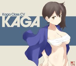 Rule 34 | 10s, 1girl, bad id, bad twitter id, bottomless, breasts, brown eyes, brown hair, budget sarashi, character name, cleavage, groin, jacket, jacket on shoulders, kaga (kancolle), kantai collection, large breasts, long hair, navel, one-hour drawing challenge, out-of-frame censoring, sarashi, shigino sohuzi, side ponytail, simple background, solo, underboob
