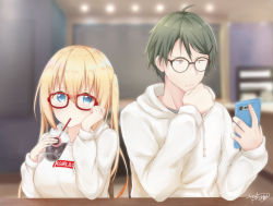 Rule 34 | 1boy, 1girl, :/, absurdres, akizuki kouyou, bespectacled, black-framed eyewear, blend s, blurry, blush, breasts, cellphone, chair, closed mouth, clothes writing, cup, depth of field, disposable cup, drawstring, drinking, drinking straw, glasses, green hair, hair between eyes, hair ornament, hairclip, head rest, highres, hinata kaho, holding, holding phone, hood, hoodie, indoors, large breasts, long hair, looking at viewer, phone, red-framed eyewear, short hair, sitting, smartphone, table, twintails, yasaka (astray l)