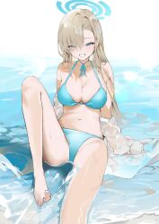 Rule 34 | 1girl, absurdres, asuna (blue archive), barefoot, bikini, blue archive, blue bikini, blue eyes, blue halo, breasts, choker, cleavage, closed mouth, eyes visible through hair, feet, foot out of frame, grin, hair over one eye, halo, highres, knee up, large breasts, legs, light brown hair, long hair, looking at viewer, mole, mole on breast, nail polish, r aeel, ribbon choker, shirt, smile, solo, swimsuit, toenail polish, toenails, toes, wet, wet clothes, wet shirt