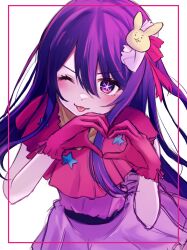 Rule 34 | 1girl, ;p, blush, commentary request, dress, frilled dress, frilled gloves, frills, gloves, hair between eyes, hair ornament, hair ribbon, harumaki tokage, heart, heart hands, highres, hoshino ai (oshi no ko), idol clothes, long hair, looking at viewer, one eye closed, one side up, oshi no ko, partial commentary, pink dress, pink gloves, pink ribbon, purple eyes, purple hair, rabbit hair ornament, ribbon, simple background, smile, solo, star-shaped pupils, star (symbol), swept bangs, symbol-shaped pupils, tongue, tongue out, turtleneck, turtleneck dress, white background
