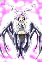 Rule 34 | 10s, 1girl, arachne, arthropod girl, carapace, claws, detached sleeves, extra eyes, closed eyes, eyes visible through hair, full body, hands on own chest, insect girl, light purple hair, monster girl, monster musume no iru nichijou, multiple legs, navel, pelvic curtain, pink background, purple eyes, rachnera arachnera, s-now, signature, smile, solo, spider girl, taur, twintails, aged down