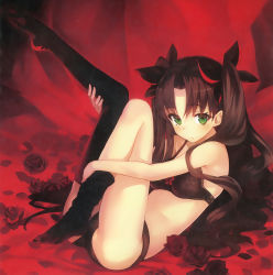 Rule 34 | 10s, 1girl, bare shoulders, black bra, black panties, black thighhighs, bra, brown hair, fate/extra, fate/extra ccc, fate (series), flower, green eyes, highres, hugging own legs, lingerie, long legs, no shoes, non-web source, panties, petals, ribbon, rose, rose petals, shirabi, solo, thighhighs, third-party edit, tohsaka rin, twintails, two side up, underwear, underwear only