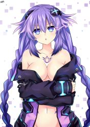 Rule 34 | 1girl, adapted costume, alternate costume, annoyed, blue eyes, blush, braid, breasts, chest tattoo, cleavage, clothes pull, crossed arms, d-pad, d-pad hair ornament, groin, hair between eyes, hair ornament, highres, jacket, jacket pull, lewdkuma, long hair, looking at viewer, medium breasts, midriff, navel, nepnep connect: chaos chanpuru, neptune (series), no bra, off shoulder, open clothes, open jacket, open mouth, out-of-frame censoring, power symbol, power symbol-shaped pupils, purple hair, purple heart (chaos form), purple heart (neptunia), solo, staring, symbol-shaped pupils, tattoo, twin braids, twintails, undressing, very long hair