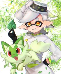 Rule 34 | 1girl, black gloves, coat, company connection, creatures (company), cross-shaped pupils, crossover, earrings, fangs, game freak, gloves, gradient hair, grey hair, grin, hand up, highres, holding, holding leaf, inkling, jewelry, leaf, light green hair, marie (splatoon), mole, mole under eye, multicolored hair, nintendo, oniku (onikuoekaki), pointy ears, pokemon, pokemon (creature), short hair, smile, splatoon (series), splatoon 3, sprigatito, suction cups, symbol-shaped pupils, tentacle hair, two-tone hair, white coat, yellow eyes