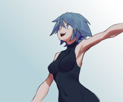 Rule 34 | 1girl, aqua (kingdom hearts), armpits, blue eyes, blue hair, breasts, commentary, covered navel, highres, kingdom hearts, kingdom hearts birth by sleep, krid, open mouth, short hair, simple background, sleeveless, smile, solo