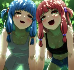 Rule 34 | 2girls, :d, alternate costume, black shirt, blue hair, blue shorts, breasts, cleavage, collarbone, dappled sunlight, dress, fang, furrowed brow, hair bobbles, hair ornament, kotonoha akane, kotonoha aoi, kurione (zassou), long hair, looking at viewer, multiple girls, one side up, open fly, open mouth, orange eyes, panties, pink hair, see-through, see-through dress, shirt, shorts, siblings, sisters, small breasts, smile, straight hair, striped clothes, striped panties, sunlight, tank top, underwear, voiceroid, white dress