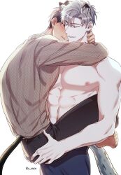 Rule 34 | 2boys, absurdres, animal ears, barefoot, blush, brown hair, cat ears, cat tail, highres, hug, ilay riegrow, jeong taeui, large pectorals, male focus, multiple boys, o ssion, passion (manhwa), pectorals, simple background, smile, sweater, tail, topless, white background, white hair, yaoi