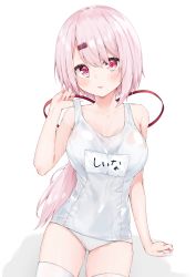 Rule 34 | 1girl, absurdres, arm support, bare arms, bare shoulders, blush, breasts, collarbone, covered navel, hair between eyes, hair ornament, hair ribbon, hairclip, hand up, highres, hijouguti, large breasts, lifting own clothes, long hair, looking at viewer, low ponytail, name tag, nijisanji, old school swimsuit, one-piece swimsuit, parted lips, pink hair, ponytail, red eyes, red ribbon, ribbon, school swimsuit, shadow, shiina yuika, solo, strap lift, swimsuit, thighhighs, very long hair, virtual youtuber, wet, white background, white one-piece swimsuit, white thighhighs