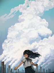 Rule 34 | 1girl, absurdres, black hair, black sailor collar, black skirt, blue sky, blush, closed eyes, cloud, commentary request, from behind, highres, long hair, looking back, myango (applemangocrape), original, outstretched arms, parted lips, pleated skirt, pollution, sailor collar, school uniform, serafuku, shirt, short sleeves, skirt, sky, smile, smoke, smokestack, solo, white shirt