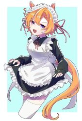 Rule 34 | 1girl, alternate costume, amano (amano miko), animal ears, apron, asymmetrical bangs, black dress, breasts, collared dress, cropped legs, dot nose, dress, enmaided, horse ears, horse girl, horse tail, light blush, long sleeves, looking at viewer, maid, maid apron, maid headdress, open mouth, orange hair, petticoat, purple eyes, short hair, skirt hold, small breasts, smile, solo, t.m. opera o (umamusume), tail, thighhighs, umamusume, v-shaped eyebrows, white thighhighs