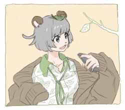 Rule 34 | 1girl, :3, alternate costume, animal ears, animal nose, blush, bob cut, border, branch, brown cardigan, cardigan, cellphone, collared shirt, cowlick, green nails, green ribbon, grey eyes, grey hair, holding, holding phone, leaf, leaf on head, leaf print, long sleeves, loose neck ribbon, mode aim, open cardigan, open clothes, open mouth, phone, ponpoko (vtuber), popped collar, print shirt, qp (qp anipokopi), raccoon ears, raccoon girl, ribbon, shirt, short hair, simple background, single sleeve past fingers, smartphone, solo, upper body, virtual youtuber, white border, yellow background
