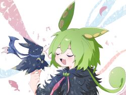 Rule 34 | 1girl, 1other, animal, animal on hand, animalization, bat (animal), bat on hand, claws, cloak, closed eyes, fang, fish, green hair, hair between eyes, hand up, highres, hrouzhe, kaito (vocaloid), light blush, music, musical note, open mouth, scarf, singing, upper body, vocaloid, voicevox, zundamon