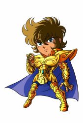 Rule 34 | 1boy, armor, blue eyes, boots, breastplate, brown hair, cape, chibi, clenched hand, closed mouth, commentary request, gold armor, gold saint, highres, kotatsu (g-rough), legs apart, leo aiolia, looking at viewer, male focus, purple cape, saint seiya, serious, shoulder armor, simple background, solo, pauldrons, white background