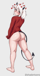 Rule 34 | 1girl, ass, barefoot, black horns, black tail, bottomless, demon girl, demon horns, demon tail, full body, heart, heart-shaped pupils, helltaker, highres, horns, long sleeves, medium hair, modeus (helltaker), naked sweater, red eyes, red sweater, ribbed sweater, shadertoons, solo, standing, sweater, symbol-shaped pupils, tail, white hair