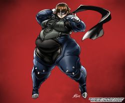 Rule 34 | 1girl, alternate body size, bodysuit, braid, breasts, brown hair, crown braid, fat, gloves, knee spikes, large breasts, mask, maxfullbody, multicolored clothes, niijima makoto, obese, persona, persona 5, pointing, red background, red eyes, scarf, short hair, shoulder spikes, solo, spikes, stomach, thick thighs, thighs, white gloves