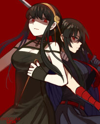 Rule 34 | 2girls, akame (akame ga kill!), akame ga kill!, artist name, bare shoulders, black dress, black hair, breasts, chocojax, cleavage, dagger, dress, flower, hair between eyes, hair flower, hair ornament, highres, holding, holding knife, holding sword, holding weapon, knife, long hair, looking at viewer, medium breasts, multiple girls, nail polish, red background, red eyes, red nails, short hair with long locks, simple background, spy x family, stiletto (weapon), sword, two-sided dress, two-sided fabric, upper body, vambraces, weapon, yor briar