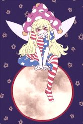 Rule 34 | 1girl, american flag dress, american flag legwear, american flag shirt, blonde hair, blush, clownpiece, collar, fairy wings, frilled collar, frilled shirt collar, frills, hat, jester cap, licking lips, long hair, looking at viewer, miata (miata8674), moon, neck ruff, pantyhose, polka dot, red eyes, revision, shirt, short sleeves, simple background, sitting, sketch, solo, star (symbol), striped clothes, striped pantyhose, tongue, tongue out, touhou, wings