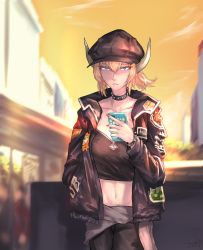 Rule 34 | 1girl, alternate costume, black jacket, black pants, black shirt, blonde hair, blue eyes, blurry, blurry background, blush, borrowed character, bowsette, bracelet, breasts, bridge, building, casual, cellphone, clothes around waist, collar, collarbone, colored eyelashes, commentary request, cowboy shot, crop top, fingernails, hair between eyes, hand in pocket, highres, holding, holding phone, horns, jacket, jewelry, joki yoh, koopa clown car, looking at phone, looking down, mario (series), medium breasts, nail polish, navel, new super mario bros. u deluxe, nintendo, nose blush, outdoors, pants, phone, ponytail, red nails, sharp teeth, shiny clothes, shirt, shirt around waist, short hair, sidelocks, signature, smartphone, solo, spiked bracelet, spiked collar, spikes, sunset, teeth, toned, tree, walking