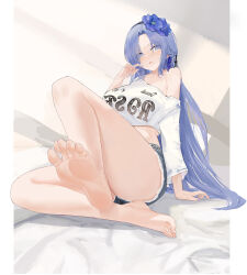 Rule 34 | 1girl, absurdres, alsace (azur lane), azur lane, bare legs, bare shoulders, barefoot, bed, blue eyes, blue flower, blue hair, feet, flower, hair flower, hair ornament, highres, legs, long hair, looking at viewer, no shoes, reversed, short shorts, shorts, soles, suo bu ye feng, toes