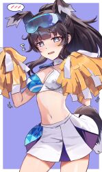 Rule 34 | 1girl, absurdres, animal ears, black hair, blue archive, blush, breasts, cleavage, cowboy shot, detached collar, dog ears, dog tail, extra ears, eyewear on head, flying sweatdrops, grey eyes, halterneck, hands up, hibiki (blue archive), hibiki (cheer squad) (blue archive), highres, looking at viewer, medium breasts, midriff, millennium cheerleader outfit (blue archive), motion lines, navel, pleated skirt, pom pom (cheerleading), safety glasses, shedar, sidelocks, simple background, skirt, solo, speech bubble, spoken blush, tail, wavy mouth