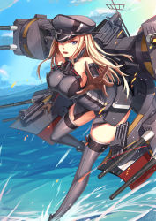 Rule 34 | 10s, 1girl, bare shoulders, bismarck (kancolle), blonde hair, blue sky, breasts, brown gloves, cannon, cloud, day, detached sleeves, female focus, gloves, grey eyes, grey thighhighs, hat, highres, kantai collection, large breasts, long hair, long sleeves, machinery, mecha musume, military, military hat, military uniform, nian (zhanian), ocean, sky, solo, thighhighs, thighs, uniform, zettai ryouiki