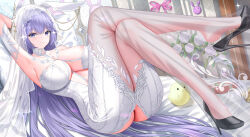 Rule 34 | 1girl, areola slip, armpits, arms up, ass cutout, azur lane, baozi, black footwear, blush, breasts, bridal veil, bride, clothing cutout, detached collar, dress, food, full body, high heels, highres, large breasts, long hair, looking at viewer, lying, manjuu (azur lane), new jersey (azur lane), new jersey (snow-white ceremony) (azur lane), official alternate costume, purple eyes, purple hair, revealing clothes, see-through, see-through dress, smile, solo, thighs, tina (tinafya), veil, white dress