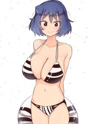Rule 34 | 1girl, absurdres, bikini, black eyes, blue hair, breasts, bright pupils, cleavage, closed mouth, cowboy shot, halterneck, highres, holding, holding swim ring, innertube, large breasts, looking at viewer, navel, original, rucchiifu, smile, solo, standing, striped bikini, striped clothes, swim ring, swimsuit, white pupils