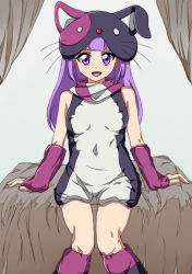 Rule 34 | 10s, 1girl, :d, aikatsu!, aikatsu! (series), animal costume, arm support, bad id, bad pixiv id, bare shoulders, blunt bangs, blush, cat costume, commentary request, covered navel, elbow gloves, fingerless gloves, gloves, happy, hikami sumire, li@ (rikku04), long hair, looking at viewer, open mouth, purple eyes, purple hair, short jumpsuit, sitting, smile, solo, unitard
