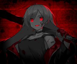 Rule 34 | 1girl, ahoge, bandaid, bandaid on cheek, bandaid on face, barcode, barcode tattoo, bare shoulders, black jacket, blood, blood on clothes, blood on face, breasts, choker, closed mouth, collarbone, commentary, earrings, fhang, frown, gloves, glowing, glowing eyes, grey choker, grey shirt, grin, holding, jacket, jewelry, long hair, long sleeves, looking at viewer, off shoulder, open clothes, open jacket, original, over shoulder, red eyes, red gloves, red jacket, red theme, shirt, smile, solo, spot color, tank top, tattoo, upper body, weapon, weapon over shoulder