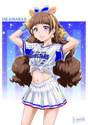 Rule 34 | 1girl, amanogawa kirara, animal ears, animal hands, arms up, artist name, baseball jersey, blunt bangs, brown hair, commentary, cowboy shot, earrings, fake animal ears, gloves, go! princess precure, hands in hair, highres, jersey, jewelry, long hair, looking at viewer, low twintails, midriff, miniskirt, navel, nippon professional baseball, outline, parted lips, paw gloves, pleated skirt, precure, purple eyes, satou yasu, shirt, short sleeves, signature, single horizontal stripe, skirt, smile, solo, standing, star (symbol), star earrings, striped clothes, striped shirt, striped skirt, tied shirt, twintails, vertical-striped clothes, vertical-striped shirt, vertical-striped skirt, white outline, white skirt, yokohama dena baystars