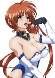 Rule 34 | 1girl, areola slip, blue eyes, blush, breasts, brown hair, cleavage, covered erect nipples, finger to mouth, fingerless gloves, gloves, highres, large breasts, leotard, long hair, lyrical nanoha, mahou shoujo lyrical nanoha strikers, open mouth, simple background, solo, takamachi nanoha, tappa (esperanza), tongue, white background